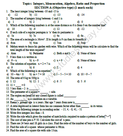 worksheet of math class 6